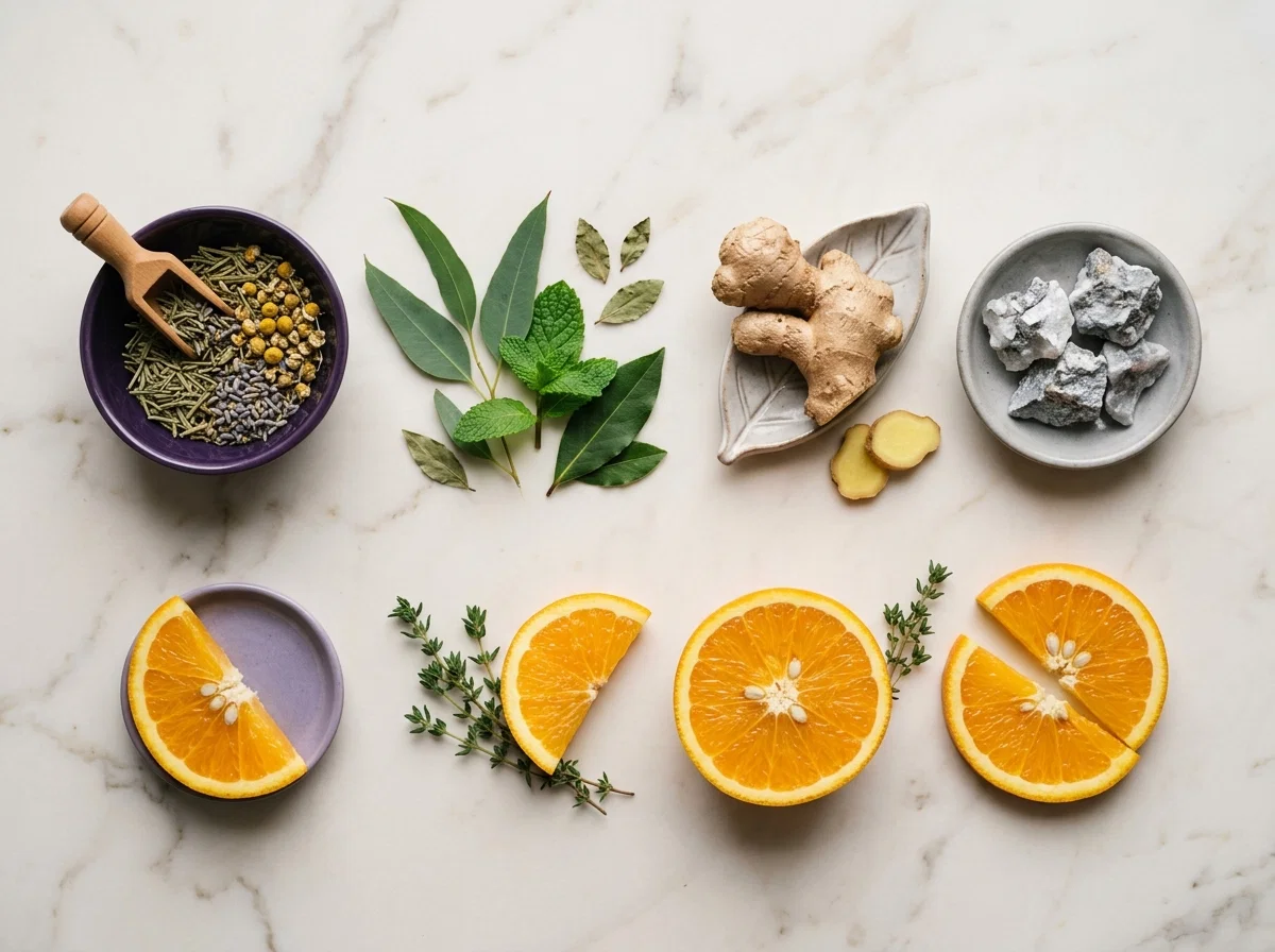 Flat lay van botanische ingrediënten: gemberwortel, groene thee, vitamine C sinaasappel en kruiden op marmeren ondergrond